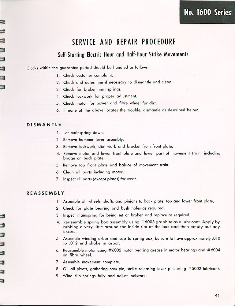 Seth Thomas Electric Clock Material Catalog and Service Manual > 1600 Series Striking Movements > Service & Repair Procedure
