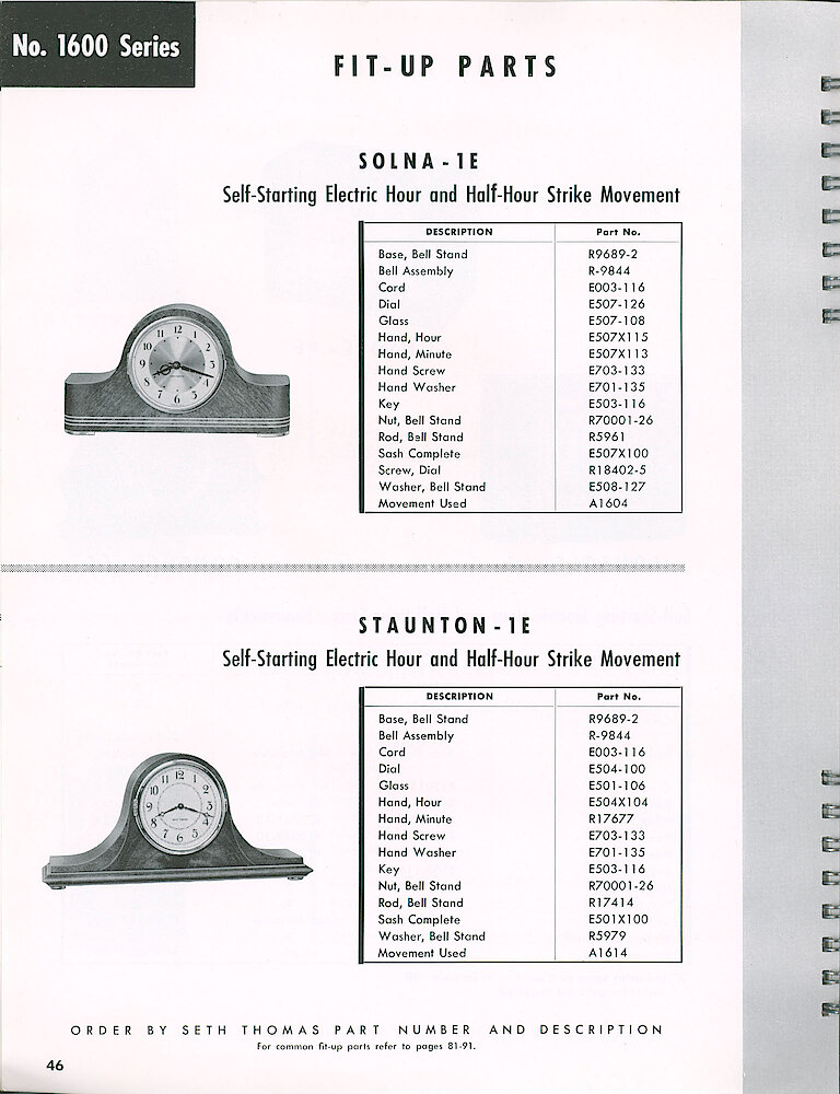 Seth Thomas Electric Clock Material Catalog and Service Manual > 1600 Series Striking Movements > Solna, Staunton. Solna - 1E And Staunton - 1E Fit-up Parts.