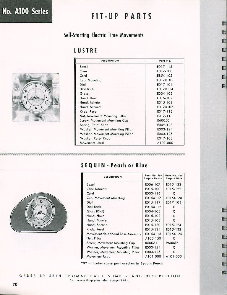 Seth Thomas Electric Clock Material Catalog and Service Manual > A100 Series Time and 877 Series Time > Lustre, Sequin. Lustre, Sequin (peach Or Blue) Desk Clock Fit-up Parts.
