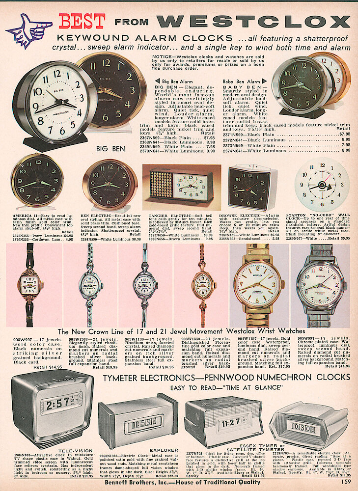 Bennett Brothers ca. 1964 > 159. Westclox Clocks And Watches. Tymeter–Pennwood Numechron Digital Clocks: Tele-vision, Explorer, Essex And Satelllite.