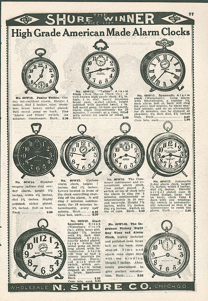 N. Shure Co. ca. 1920 > 77. Alarm Clocks: Junior Tattoo, Tattoo, Spasmodic, Slumber Stopper, Cyclone, Commuter, Automatic 8-day Alarm, Giant Spasmodic, Victory.