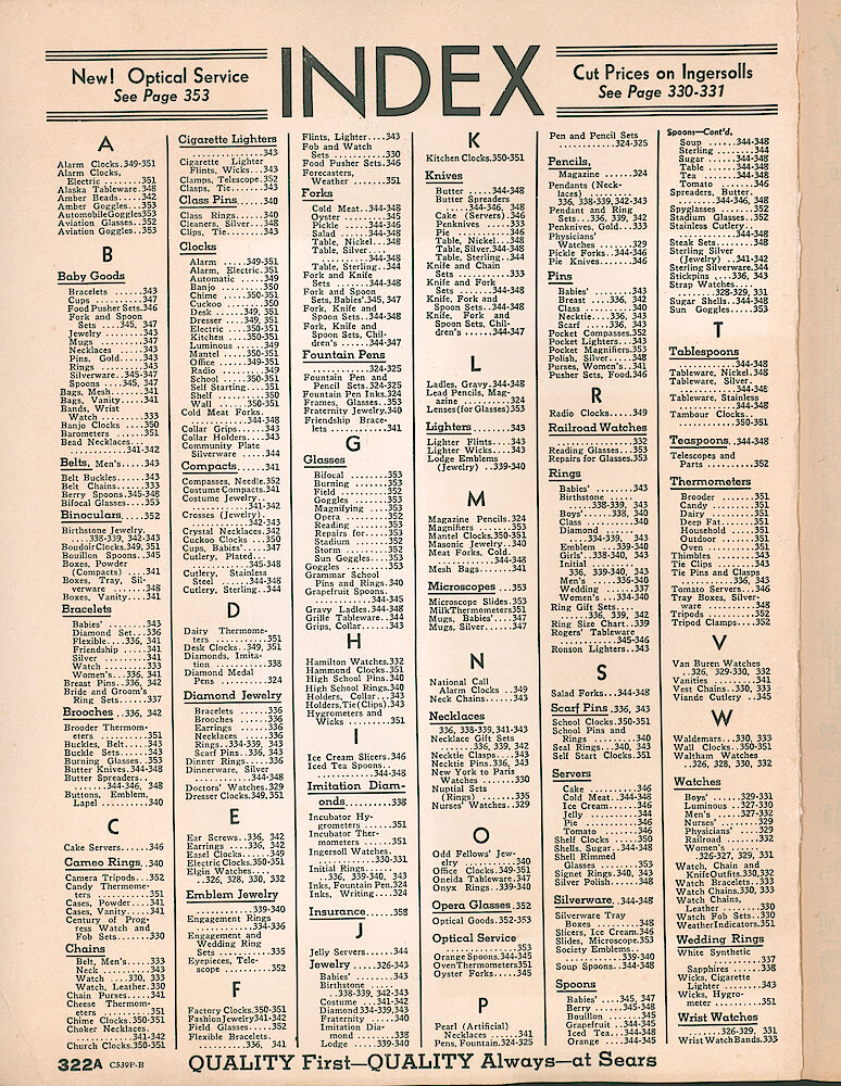 Sears Catalog of Diamonds, Jewelry, Silverware, Watches, Clocks, Optical Goods, Fountain Pens and Thermometers > Index