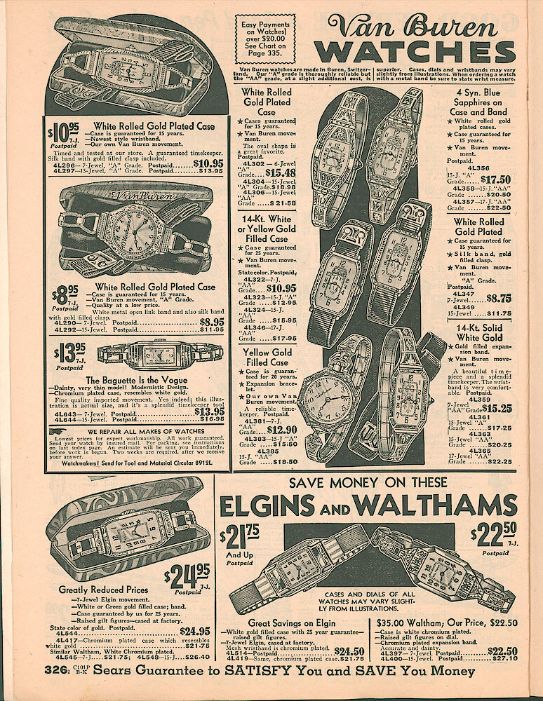 Sears Catalog of Diamonds, Jewelry, Silverware, Watches, Clocks, Optical Goods, Fountain Pens and Thermometers > 326. Wrist Watches: Van Buren, Elgin And Waltham.