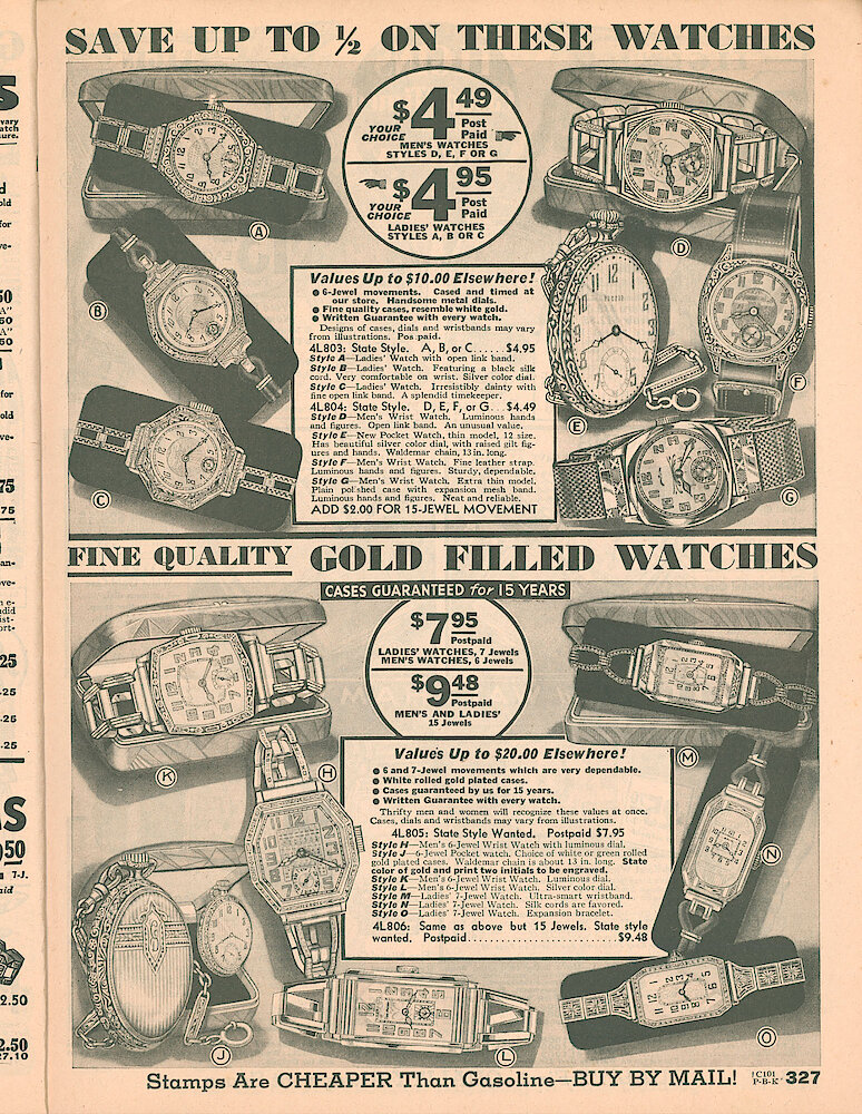 Sears Catalog of Diamonds, Jewelry, Silverware, Watches, Clocks, Optical Goods, Fountain Pens and Thermometers > 327. Wrist Watches - No Name, 15 And 7 Jewel.