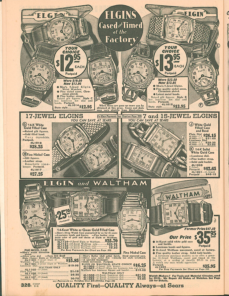 Sears Catalog of Diamonds, Jewelry, Silverware, Watches, Clocks, Optical Goods, Fountain Pens and Thermometers > 328. Elgin And Waltham Wrist Watches.