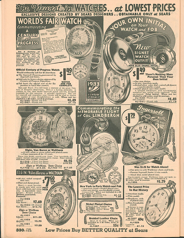 Sears Catalog of Diamonds, Jewelry, Silverware, Watches, Clocks, Optical Goods, Fountain Pens and Thermometers > 330. Pocket Watches: World&039;s Fair Watch–A Century Of Progress, Lindbergh New York To Paris Flight, Watch With Your Initial On It, A Low Price Pocket Watch, No Name, Elgin, Van Buren Or Waltham Pocket Watch. Nickel Plated Or Leather Watch ... 