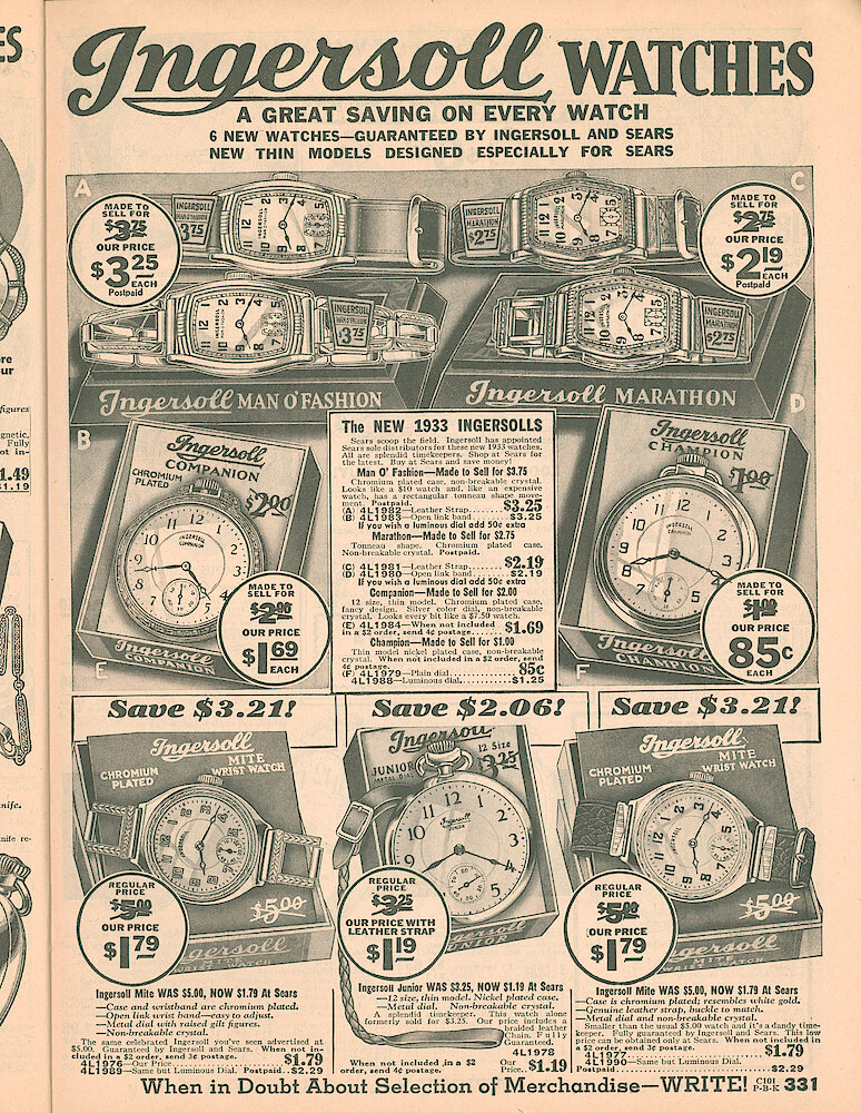 Sears Catalog of Diamonds, Jewelry, Silverware, Watches, Clocks, Optical Goods, Fountain Pens and Thermometers > 331. Ingersoll Wrist Watches: Man &039;o Fashion, Marathon, Mite. Ingersoll Pocket Watches: Companion, Champion, Junior.