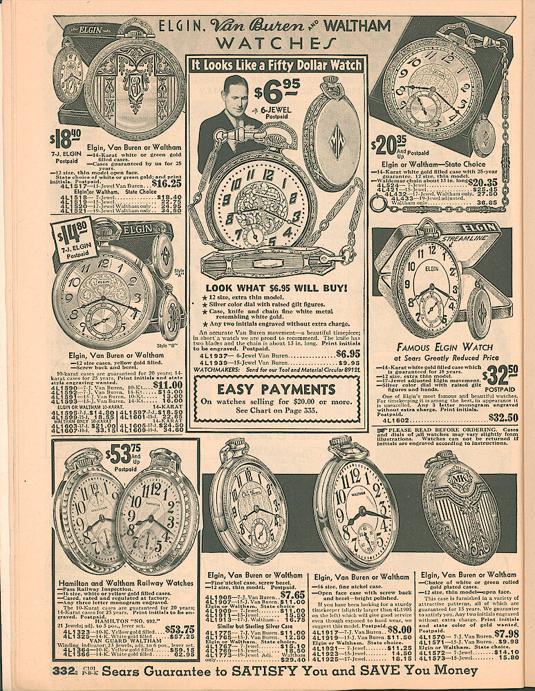 Sears Catalog of Diamonds, Jewelry, Silverware, Watches, Clocks, Optical Goods, Fountain Pens and Thermometers > 332. Pocket Watches: Elgin, Waltham And Van Buren.