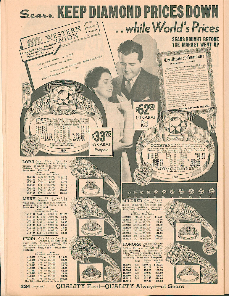 Sears Catalog of Diamonds, Jewelry, Silverware, Watches, Clocks, Optical Goods, Fountain Pens and Thermometers > 334. Diamond Rings.