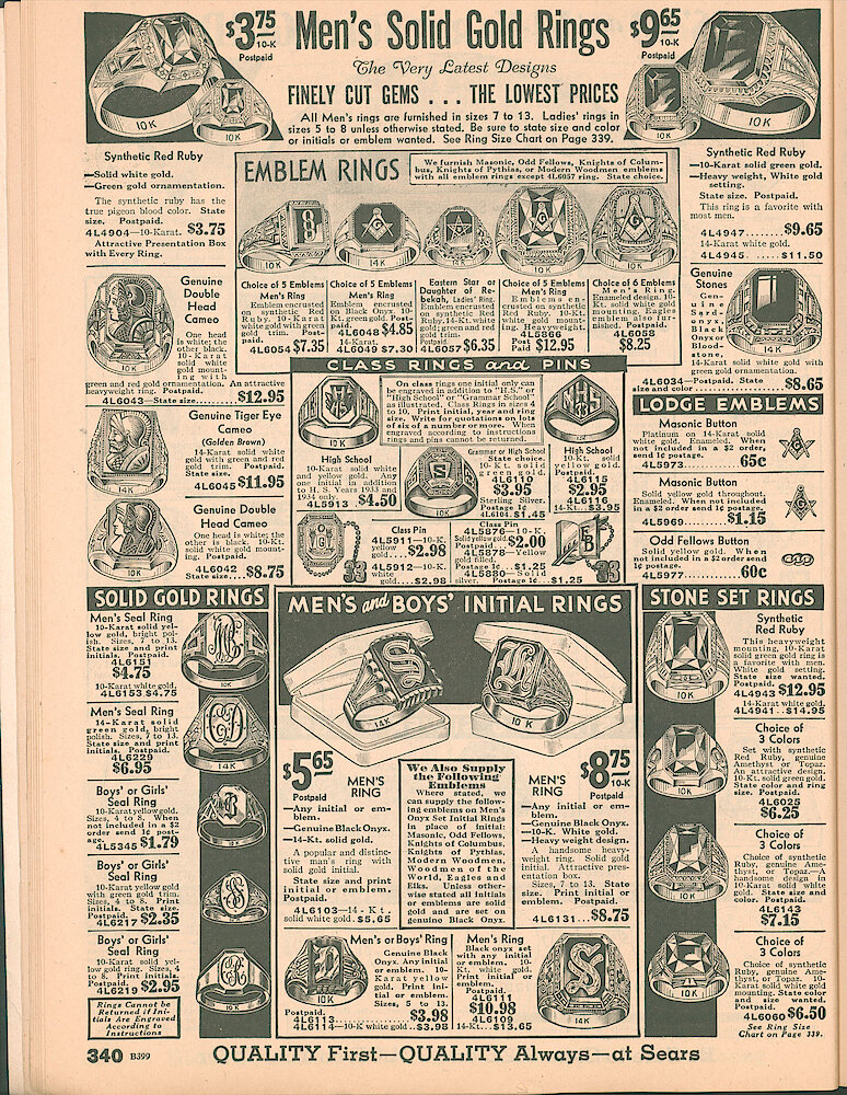 Sears Catalog of Diamonds, Jewelry, Silverware, Watches, Clocks, Optical Goods, Fountain Pens and Thermometers > 340. Men&039;s Solid Gold Rings. Emblem Rings. Class Rings And Pins. Men&039;s And Boys Initial Rings. Stone Ring Sets.