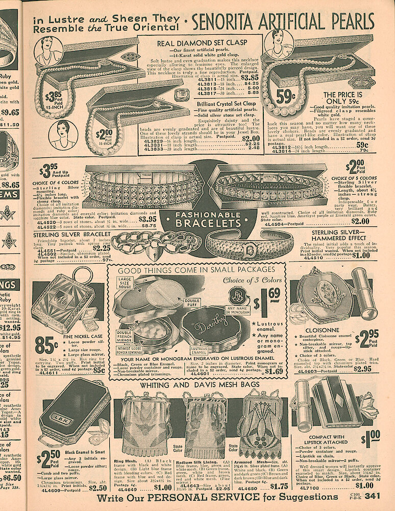 Sears Catalog of Diamonds, Jewelry, Silverware, Watches, Clocks, Optical Goods, Fountain Pens and Thermometers > 341. Artificial Pearls, Compacts Bracelets, Mesh Bags.