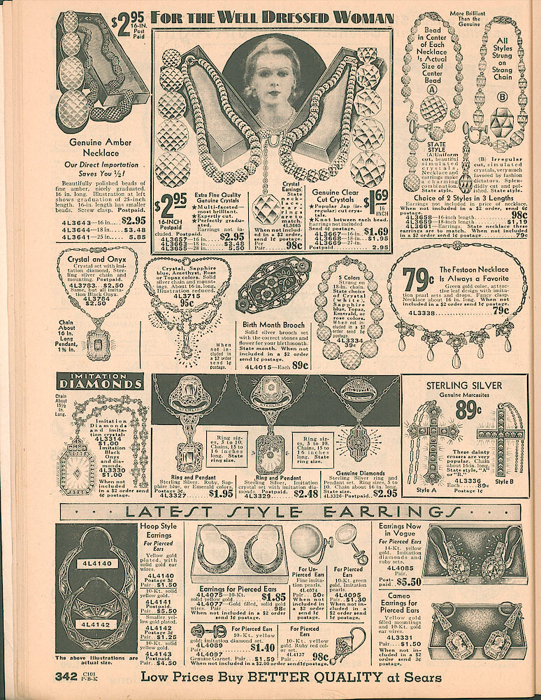 Sears Catalog of Diamonds, Jewelry, Silverware, Watches, Clocks, Optical Goods, Fountain Pens and Thermometers > 342. Imitation Diamonds, Brooches, Crystal, Onyx, Earrings, Sterling Silver Crosses.