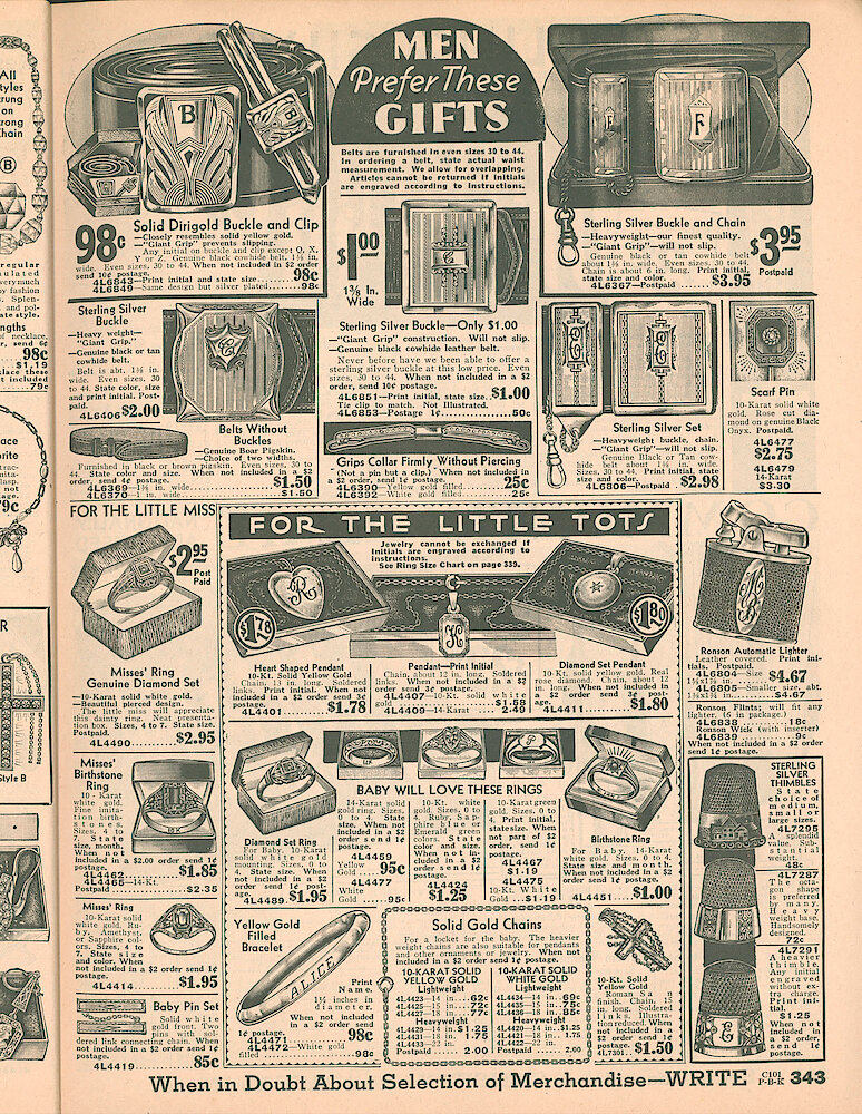 Sears Catalog of Diamonds, Jewelry, Silverware, Watches, Clocks, Optical Goods, Fountain Pens and Thermometers > 343. Gifts For Men: Buckles, Clips. Baby Rings, Silver Thimbles, Rings, Lighters.