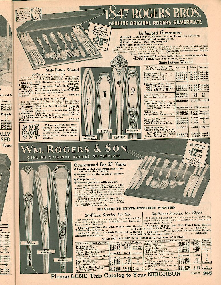 Sears Catalog of Diamonds, Jewelry, Silverware, Watches, Clocks, Optical Goods, Fountain Pens and Thermometers > 345. Rogers Silverplate Knives, Forks And Spoons.