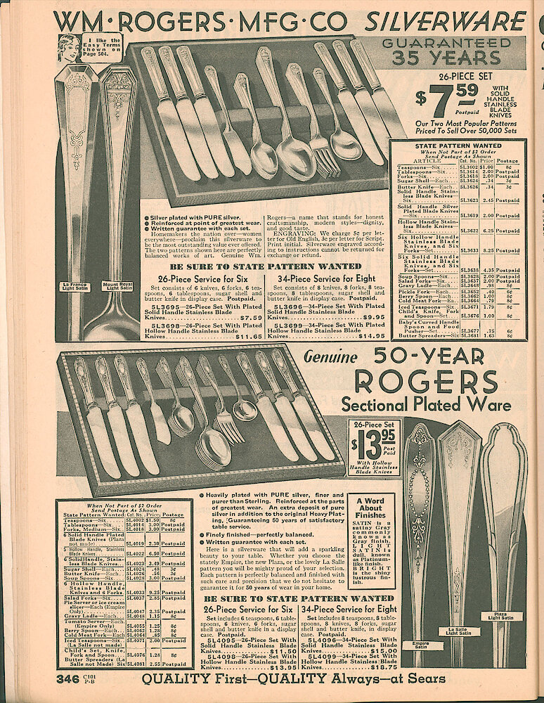 Sears Catalog of Diamonds, Jewelry, Silverware, Watches, Clocks, Optical Goods, Fountain Pens and Thermometers > 346. Rogers Silverplate Silverware, Rogers Sectional Plated Ware.