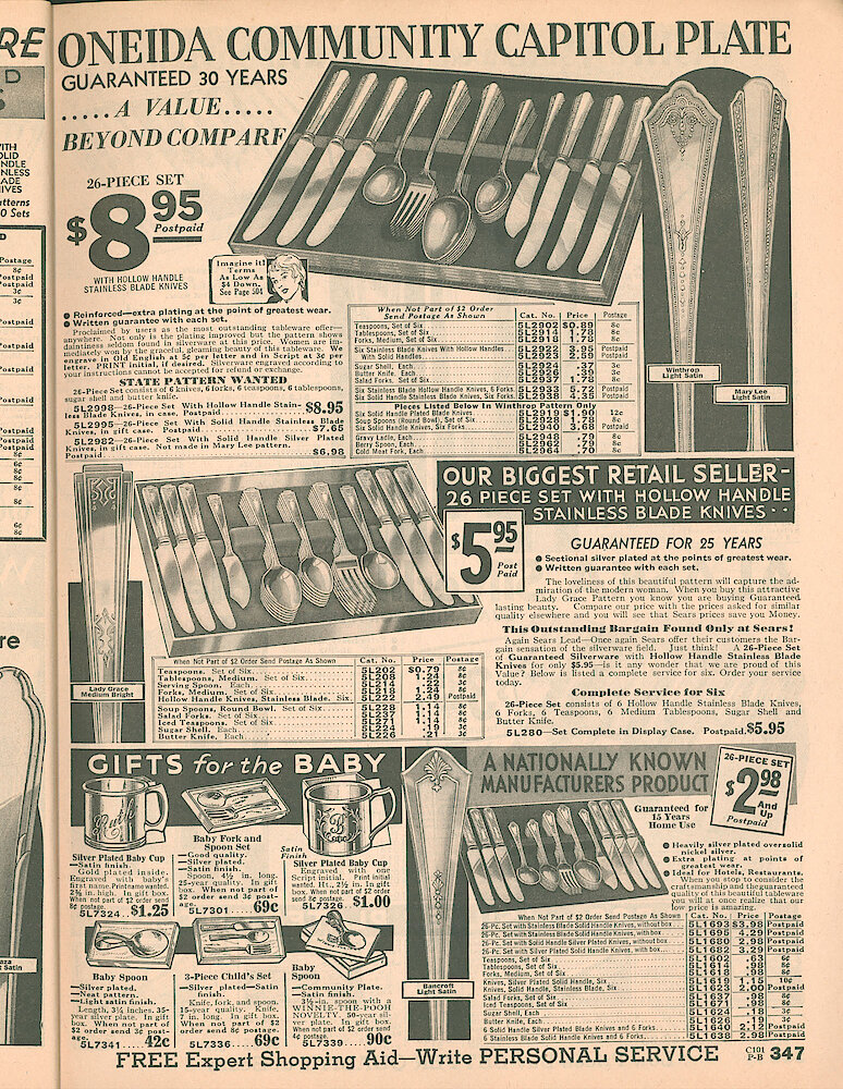 Sears Catalog of Diamonds, Jewelry, Silverware, Watches, Clocks, Optical Goods, Fountain Pens and Thermometers > 347. Oneida Community Capital Plate, Stainless Hollow Handle. Gifts For Baby: Silver Plated Cup, Fork And Spoon Sets.