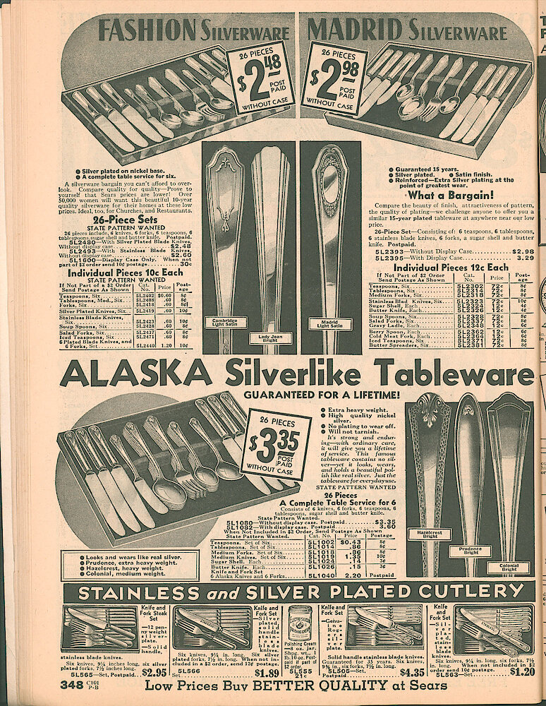 Sears Catalog of Diamonds, Jewelry, Silverware, Watches, Clocks, Optical Goods, Fountain Pens and Thermometers > 348. Silverware And Tableware: Fashion, Madrid, Alaska.