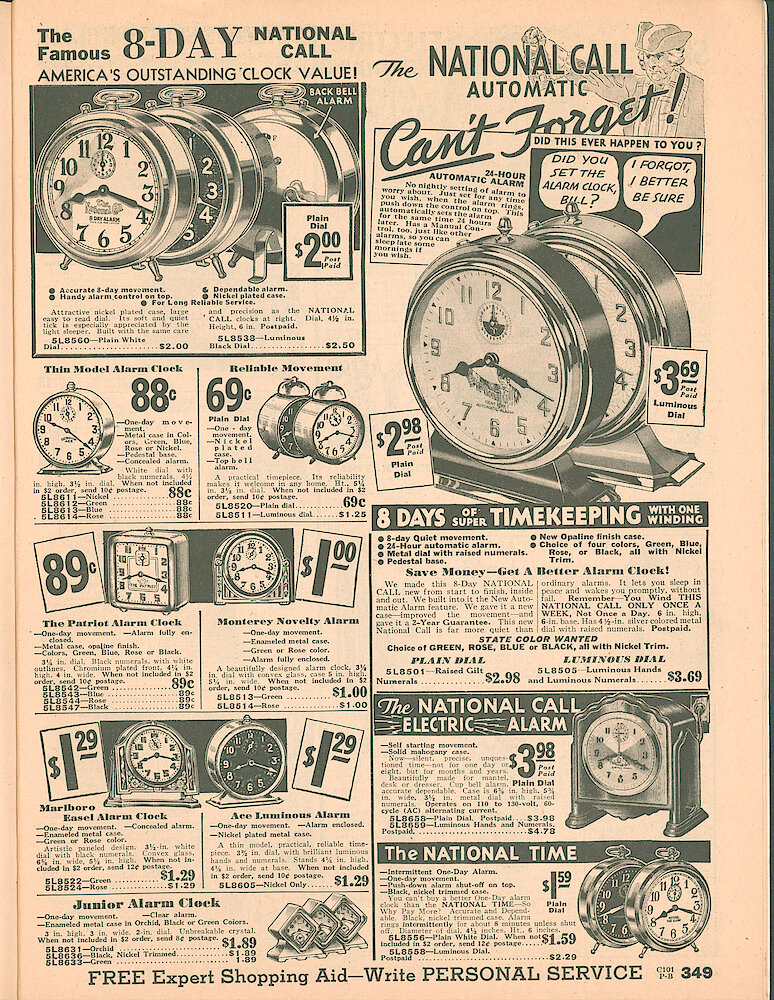 Sears Catalog of Diamonds, Jewelry, Silverware, Watches, Clocks, Optical Goods, Fountain Pens and Thermometers > 349. Alarm Clocks: National Call, Patriot, Monterey Novelty, Marlboro, Ace Luminous, 8-Day Automatic, National Time.