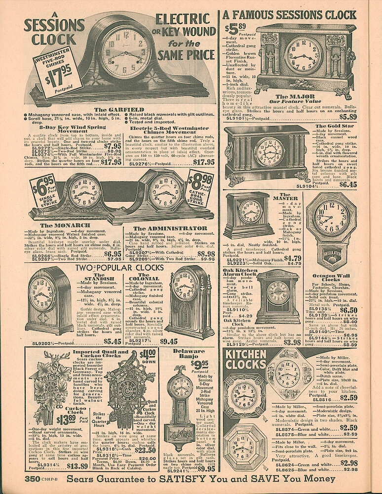 Sears Catalog of Diamonds, Jewelry, Silverware, Watches, Clocks, Optical Goods, Fountain Pens and Thermometers > 350. Clocks: Mantel, Wall, Cuckoo, Banjo, Miller Ceramic Kitchen.