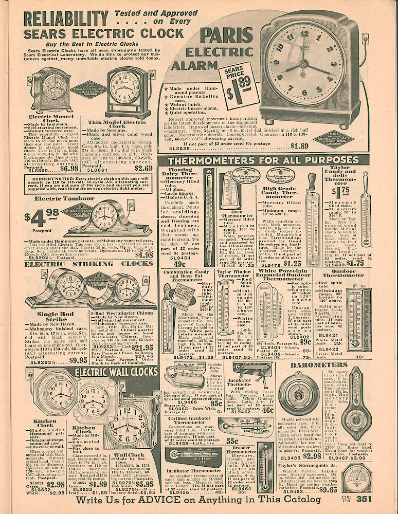 Sears Catalog of Diamonds, Jewelry, Silverware, Watches, Clocks, Optical Goods, Fountain Pens and Thermometers > 351. Electric Alarm, Striking And Wall Clocks. Thermometers, Barometers, Candy Thermometer, Incubator Hygrometer And Thermometer. Taylor Stormoguide Jr.