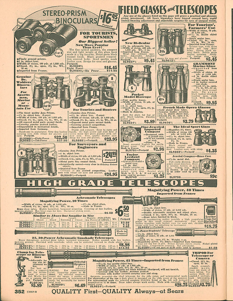 Sears Catalog of Diamonds, Jewelry, Silverware, Watches, Clocks, Optical Goods, Fountain Pens and Thermometers > 352. Binoculars, Telescopes, Opera Glasses, Sport Glasses, Compasses.