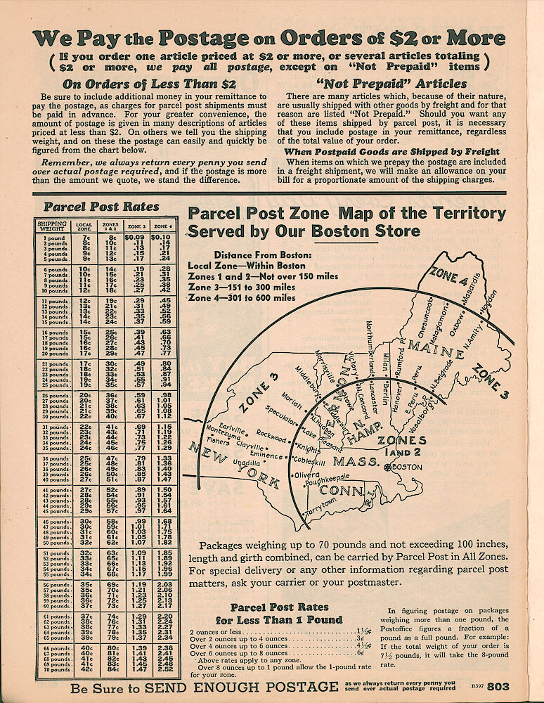 Sears Catalog of Diamonds, Jewelry, Silverware, Watches, Clocks, Optical Goods, Fountain Pens and Thermometers > 803. We Pay The Postage On Orders Of $2 Or More. Parcel Post Rates. Parcel Post Zone Map Of The Territory Served By Our Boston Store.