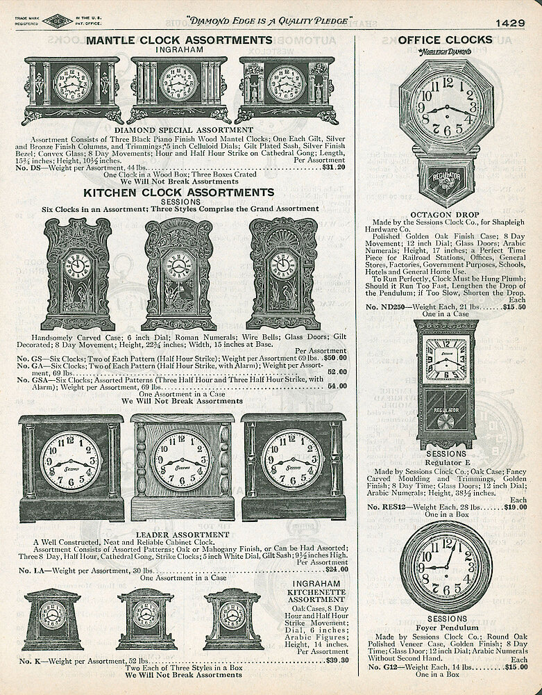 Shapleigh Hardware 1929 > 1429. Ingraham Black Mantel Clocks, Sessions Kitchen (oak) Clocks, Drop Octagon Clock, Sessions Store Regulator, Sessions Small Cabinet Mantel Clocks, Ingraham Kitchenette Assortment. Sessions "Foyer" Round Wall Clock.