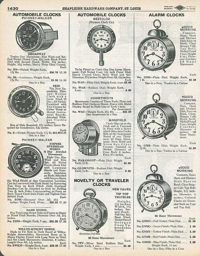 Shapleigh Hardware 1929 > 1430. Automobile Clocks, Alarm Clocks. Westclox Automobile Clock, New Haven Tip Top Traveler, Good Morning Clocks By Westclox. Mansfield Slip On Dashboard Clock.