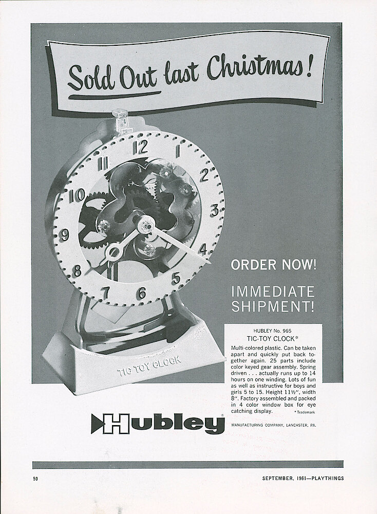 September 1961 Playthings, showing the Tic-Toy Clock. The Tic-Toy Clock, A Plastic Working Clock That Can Be Taken Apart And Reassembled.