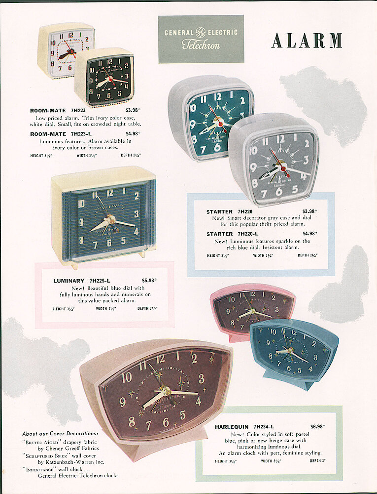 General Electric Telechron Electric Clocks 1956/57 Catalog > 2. Room-Mate 7H223 And 7H223-L; Starter 7H220 And 7H220-L; Luminary 7H225-L; Harlequin  7H234-L.