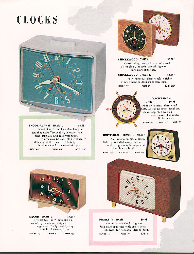 General Electric Telechron Electric Clocks 1956/57 Catalog > 3. Snooze-alarm 7H241-L; Circlewood 7H233 And 7H233-L; Yachtsman 7H167; Brute-dial 7H216-K; Decor 7H215-L; Fidelity 7H235.