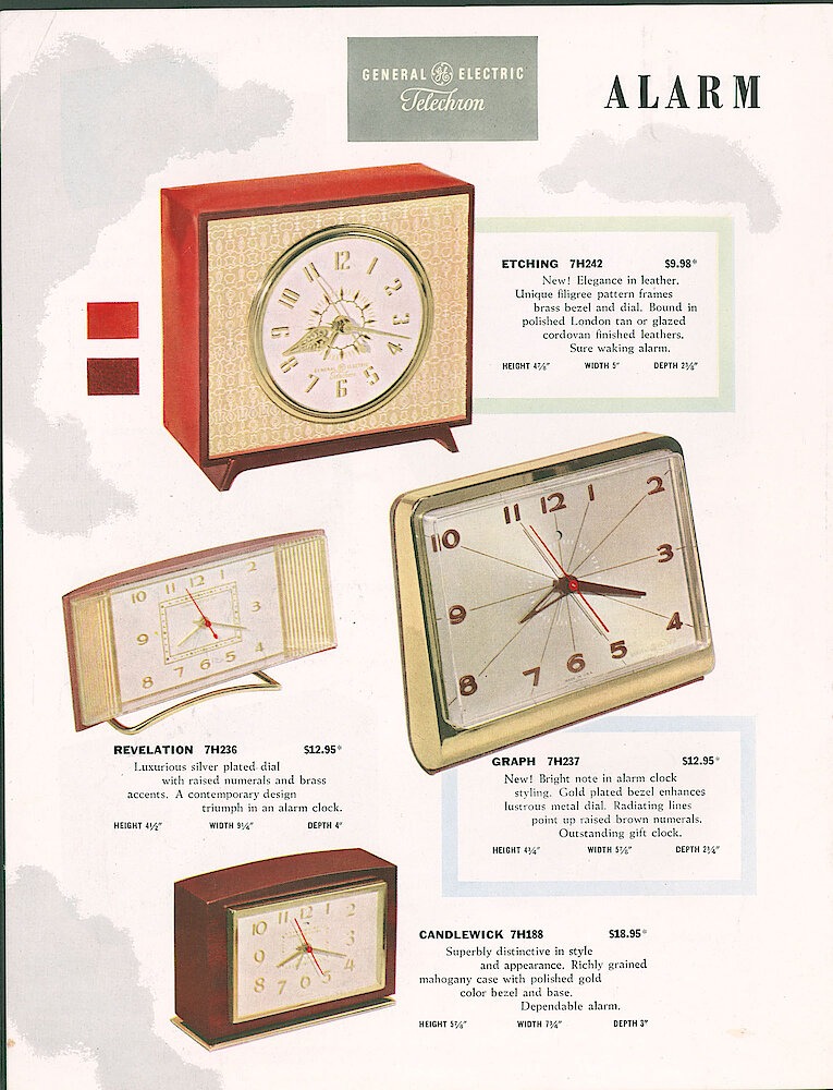 General Electric Telechron Electric Clocks 1956/57 Catalog > 4. Etching 7H242; Revelation 7H236; Graph 7H237; Candlewick 7H188.