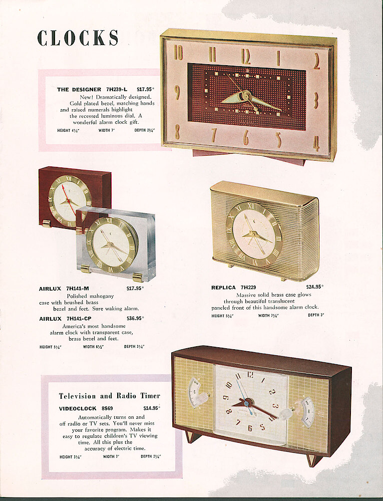 General Electric Telechron Electric Clocks 1956/57 Catalog > 5. The Designer 7H239-L (new); Aurlux 7H141-M And 7H141-CP; Replica 7H229; Television And Radio Timer Videoclock 8S69.