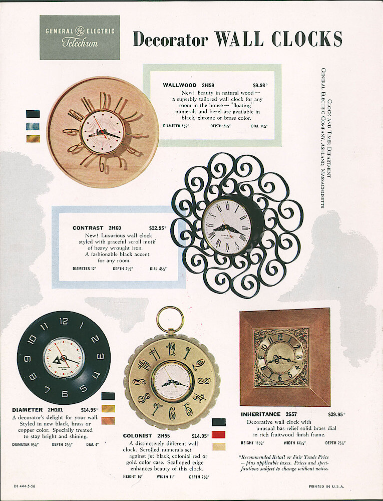 General Electric Telechron Electric Clocks 1956/57 Catalog > 8. Decorator Wall Clocks: Wallwood 2H59; Contrast 2H60; Diameter 2H101; Colonist 2H55; Inheritance 2S57.