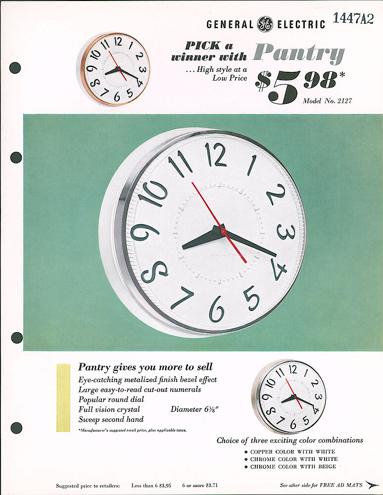 New Pantry Wall Clock > 1. Pantry Wall Clock, Copper With White, Chrome With White, Chrome With Beige. Model No. 2127.