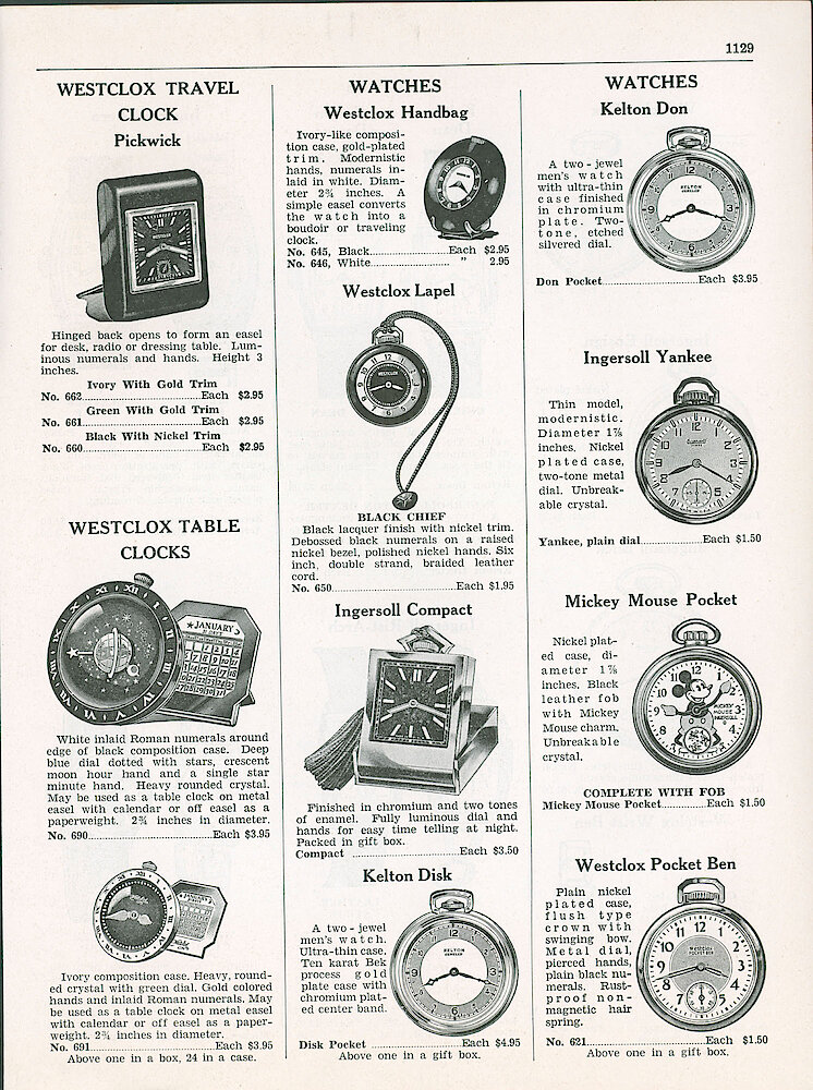 Unknown Catalog 1938 > 1129. Westclox Small Clocks And Pocket Watches. Ingersoll Yankee Pocket Watch, Compact Folding Watch. Kelton Pocket Watches. Mickey Mouse Pocket Watch.