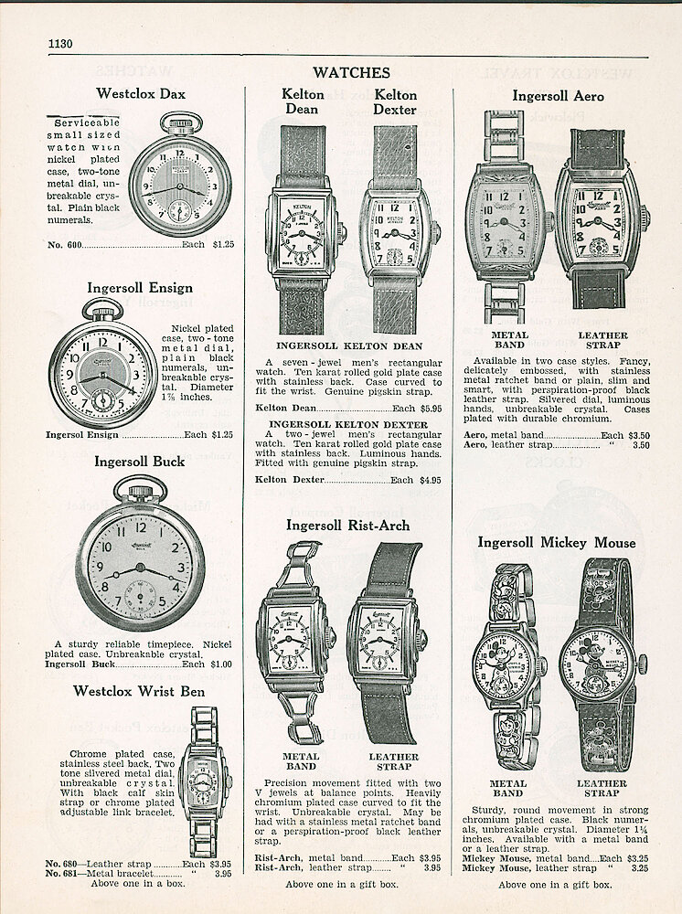 Unknown Catalog 1938 > 1130. Westclox Pocket And Wrist Watches. Ingersoll And Kelton Wrist Watches. Mickey Mouse Wrist Watches.