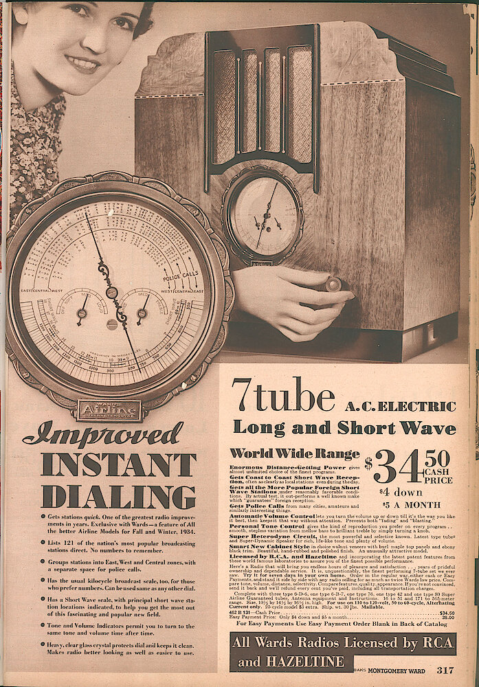 Montgomery Ward Fall & Winter 1934 - 35 Catalog > 317. 7 Tube A.c.electric, Long And Short Wave. Improved Instant Dialing.