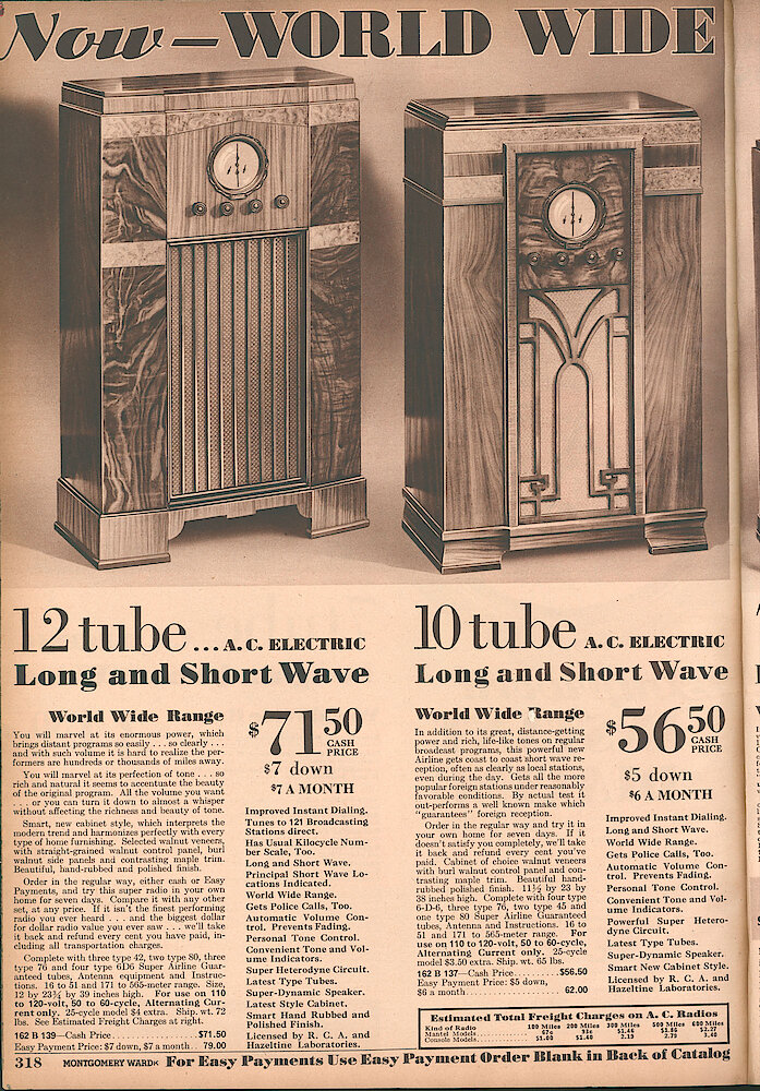 Montgomery Ward Fall & Winter 1934 - 35 Catalog > 318. 12 Tube And 10 Tube Modern Style Floor Standing Radios.