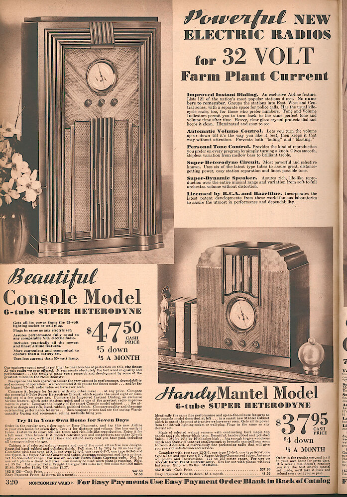 Montgomery Ward Fall & Winter 1934 - 35 Catalog > 320. 32 Volt Radios For Farm Plant Current. Floor And Mantel Model.