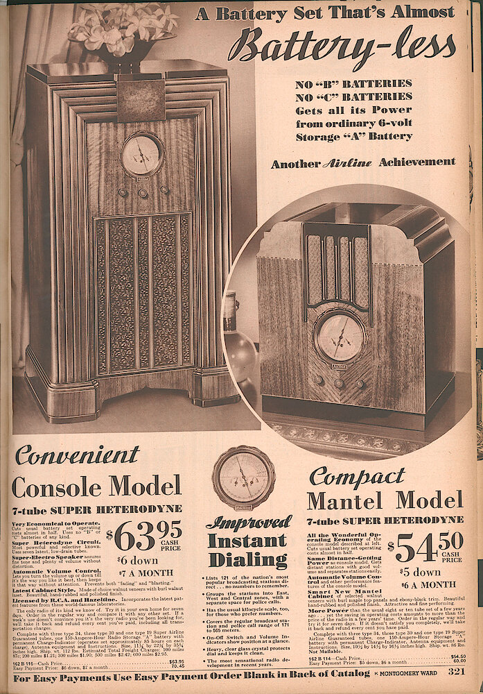 Montgomery Ward Fall & Winter 1934 - 35 Catalog > 321. A Battery Set That&039;s Almost Battery-less - Uses A 6-volt Storage "A" Battery. Console (floor) And Mantel Model.