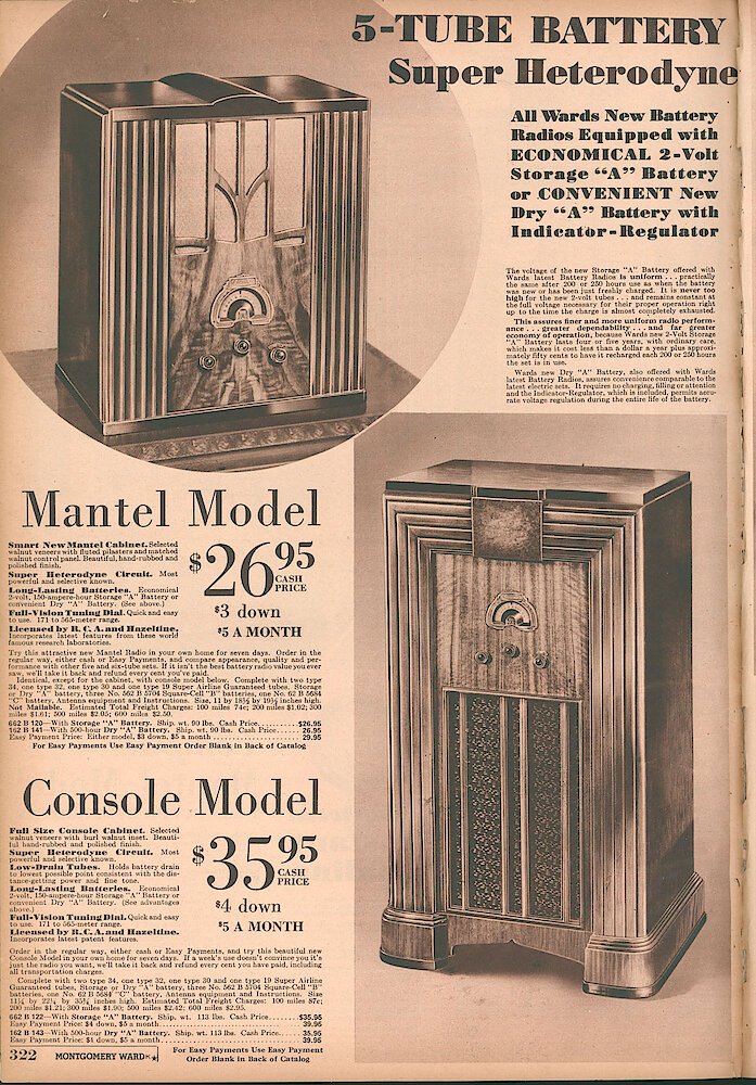 Montgomery Ward Fall & Winter 1934 - 35 Catalog > 322. 5-tube Battery Super Heterodyne Mantel And Console Model.