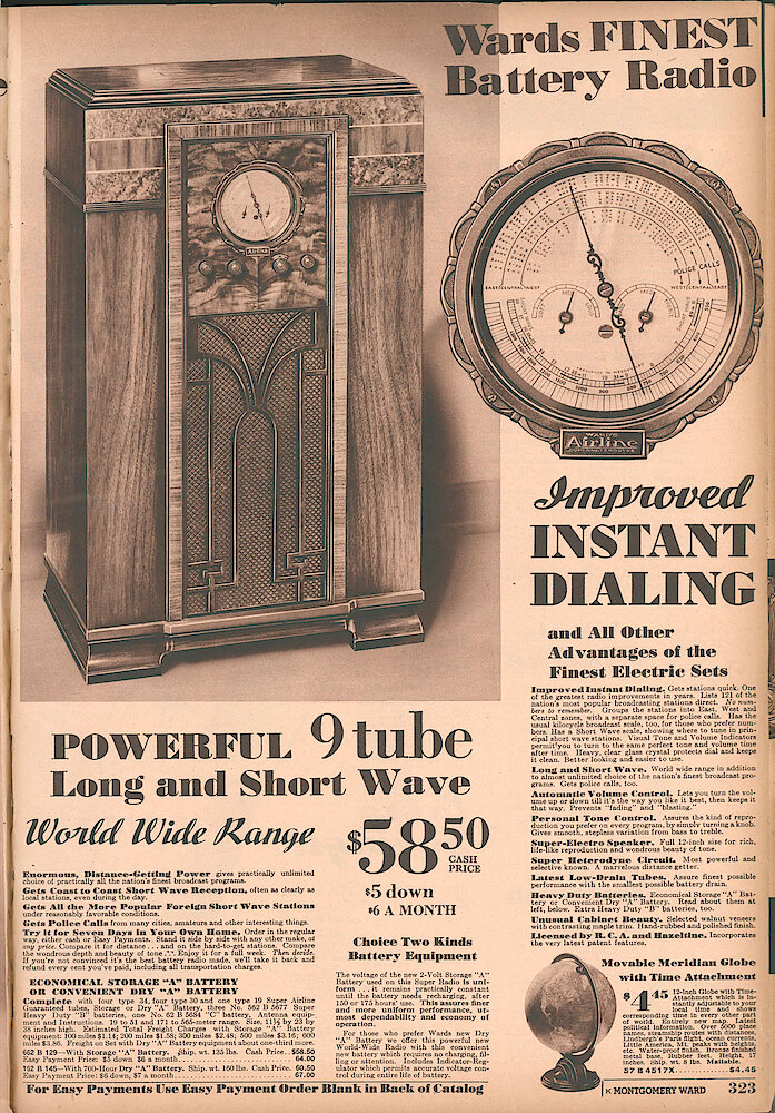 Montgomery Ward Fall & Winter 1934 - 35 Catalog > 323. Ward&039;s Finest Battery Radio. Powerful 9 Tube Long And Short Wave. Improved Instant Dialing.