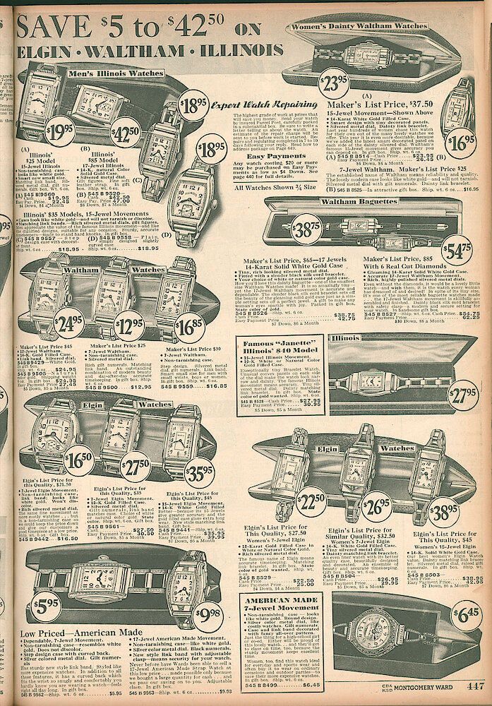 Montgomery Ward Fall & Winter 1934 - 35 Catalog > 447. Elgin, Waltham And Illinois Men&039;s And Women&039;s Wrist Watches, 7 And 15 Jewel. Waltham Baguettes.