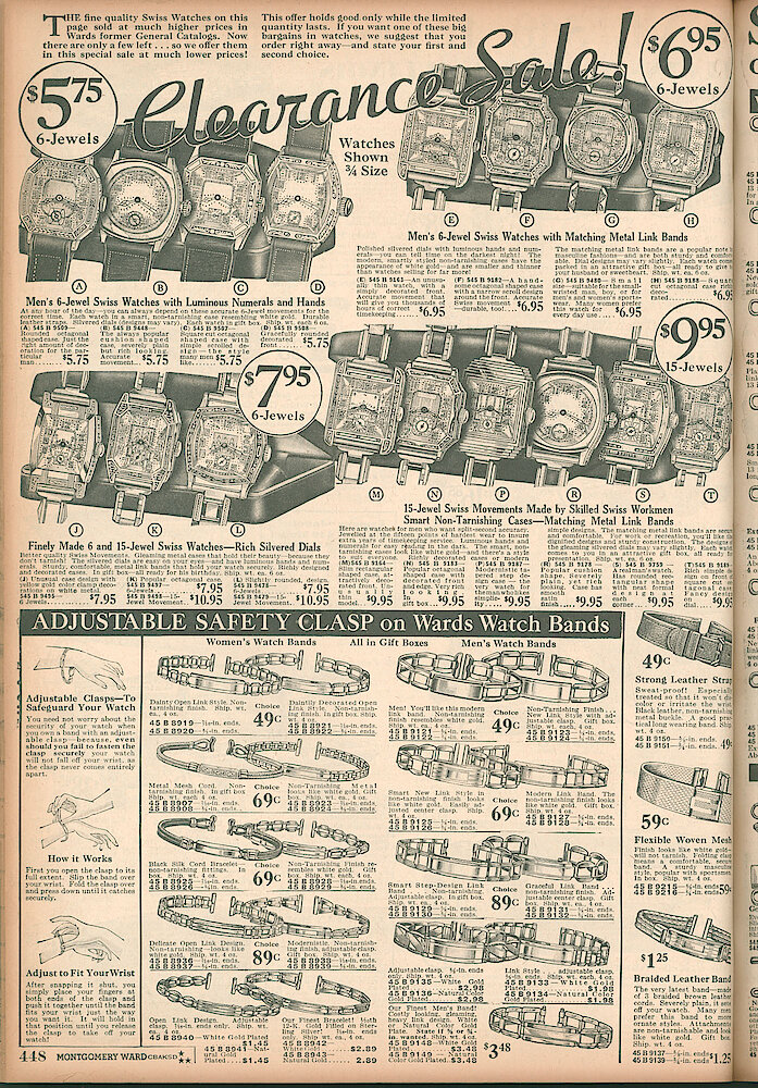 Montgomery Ward Fall & Winter 1934 - 35 Catalog > 448. Men&039;s 6-jewel And 15-jewel Swiss Wrist Watches.  Watch Bands, Metal And Leather.