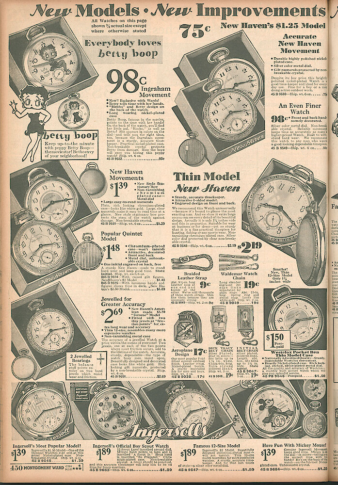 Montgomery Ward Fall & Winter 1934 - 35 Catalog > 450. Pocket Watches: Betty Boop By Ingraham. New Haven, Westclox And Ingersoll.