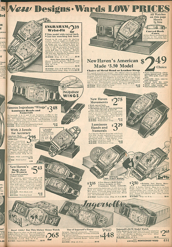 Montgomery Ward Fall & Winter 1934 - 35 Catalog > 451. Wrist Watches: Ingraham, New Haven, Ingersoll, Official Boy Scout Watch By New Haven. Mickey Mouse Watch. Smitty Watch.