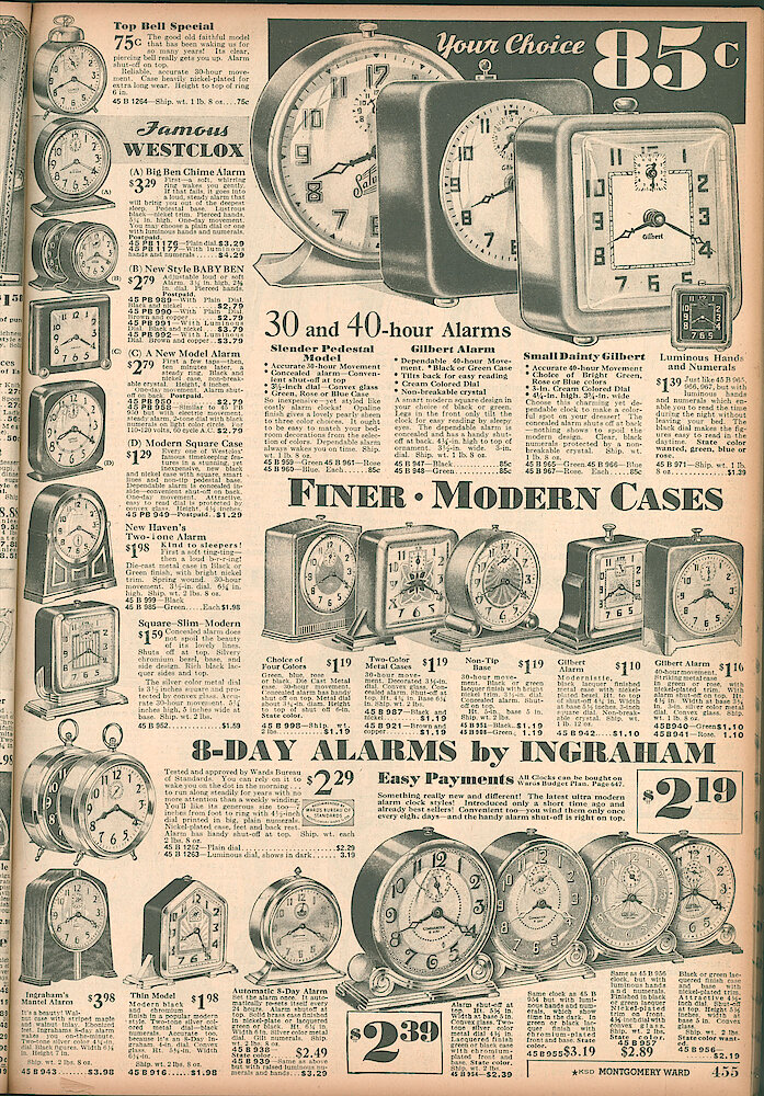 Montgomery Ward Fall & Winter 1934 - 35 Catalog > 455. Alarm Clocks: Ingraham, Gilbert, New Haven And Westclox.