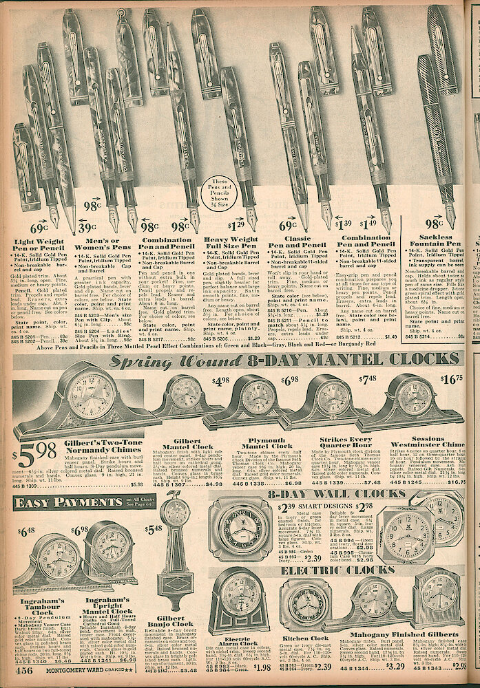 Montgomery Ward Fall & Winter 1934 - 35 Catalog > 456. Mantel Clocks: Gilbert, Ingraham, Plymouth (by Seth Thomas) And Sessions Westminster Chime. Gilbert Banjo Clock, Miller 8-day Wall Clocks. Electric Clocks By Gilbert And Unidentified Maker. Fountain Pens.