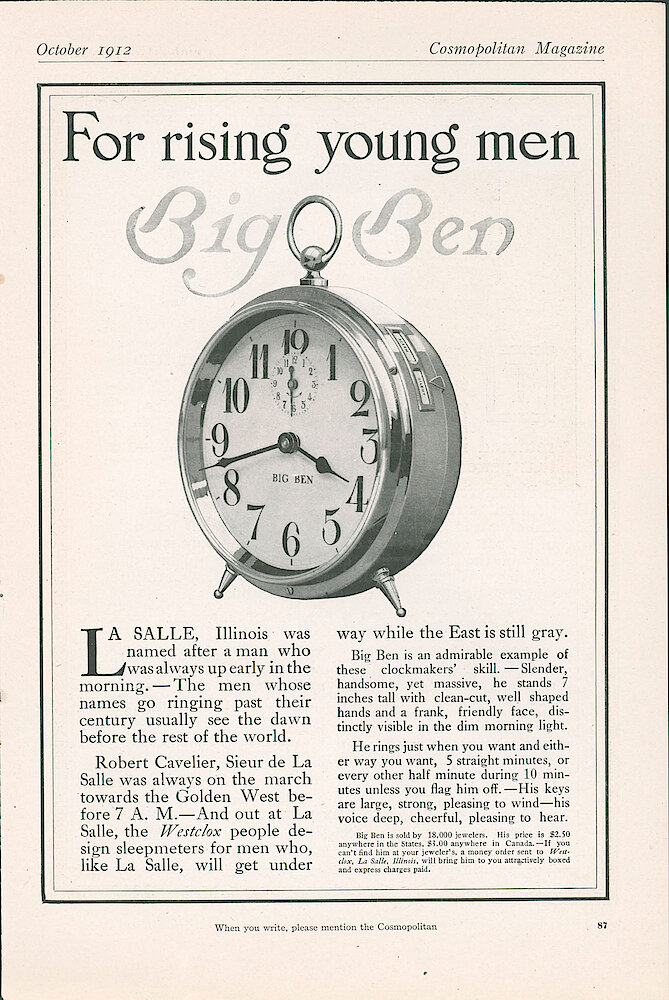 October 1912 Cosmopolitan Magazine, p. 87. For Rising Young Men. Big Ben.